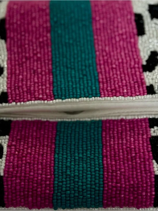 Beaded NWOT Viral Dalmatian Print Clutch/Crossbody Pink/Teal Stripes - Picture 2 of 7
